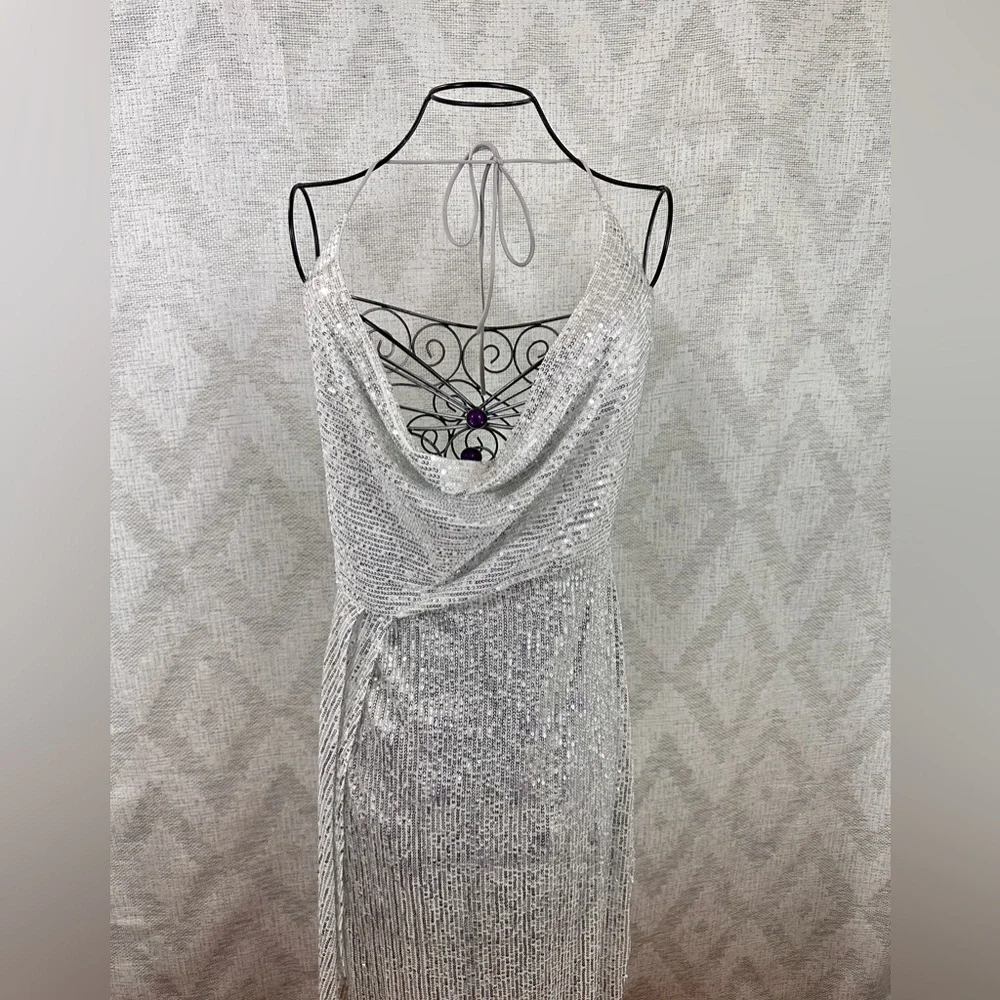 Lucy in the Sky Kaira cowl neck silver sequin maxi dress with leg slit size L